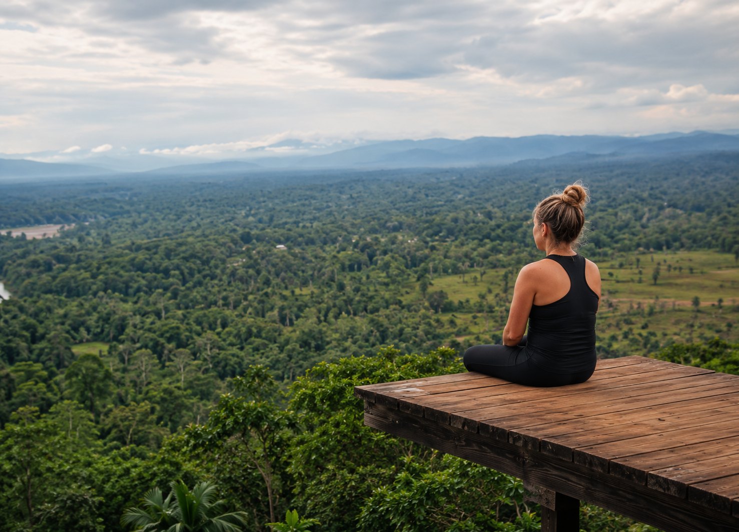 Femme assise sur une plateforme face à une vallée boisée